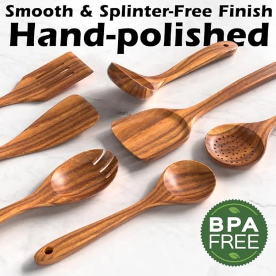 Natural Teak Kitchen Cooking Utensil Set with Holder Wooden Spoons for Cooking 10PCS Cooking Spatulas Set with Spoon Rest Woode