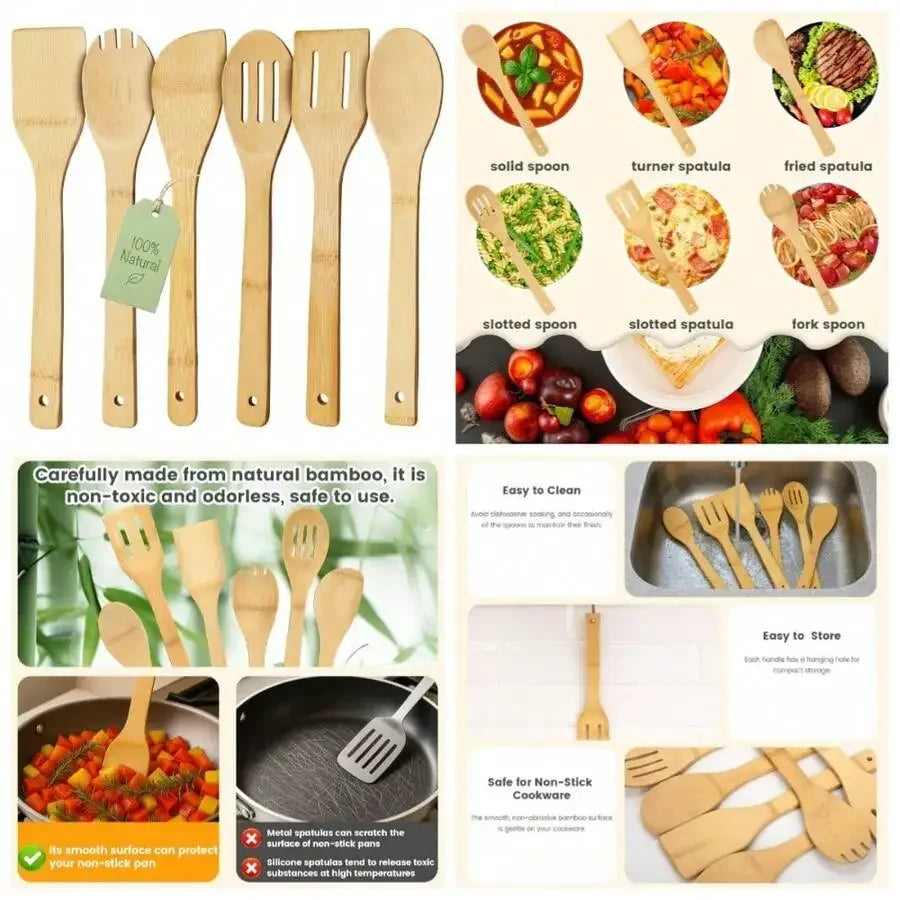6-Piece Bamboo Cooking Utensil Set Wooden Spoons Spatulas Kitchen Tools