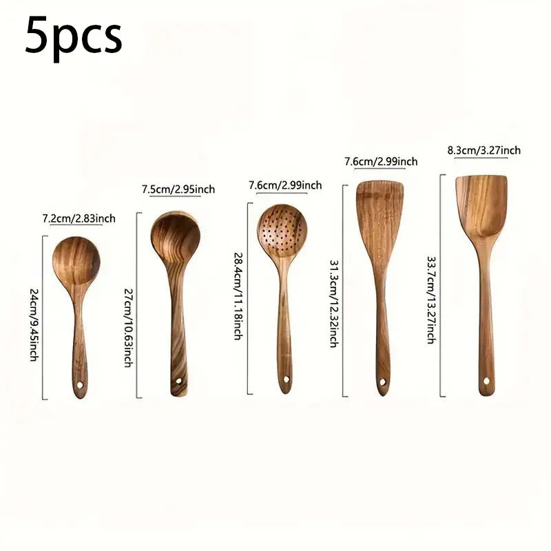 Wooden Kitchen Utensil Set 5-Piece, Non-Toxic Wood Cooking Tools for Non-Stick Pans, Heat & Corrosion Resistant Spoon Spatula – For Women Men Home Chef gift