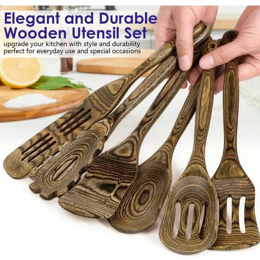 Kitchen Utensils Set Wooden, Pakkawood Cooking Spoon Set Slotted Spatula Cookware Wooden Turner Utensil Tools Spaghetti Spoon Fi