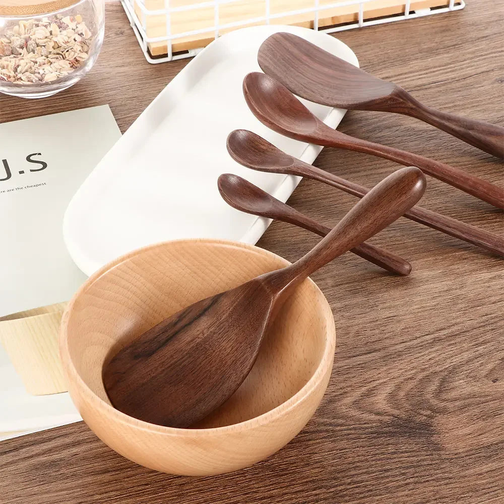 Japanese Style Black Walnut Wooden Dessert Spoon Tableware Coffee Honey Spoons Stir Long Scoop Soup Rice Spoon Kitchen Supplies
