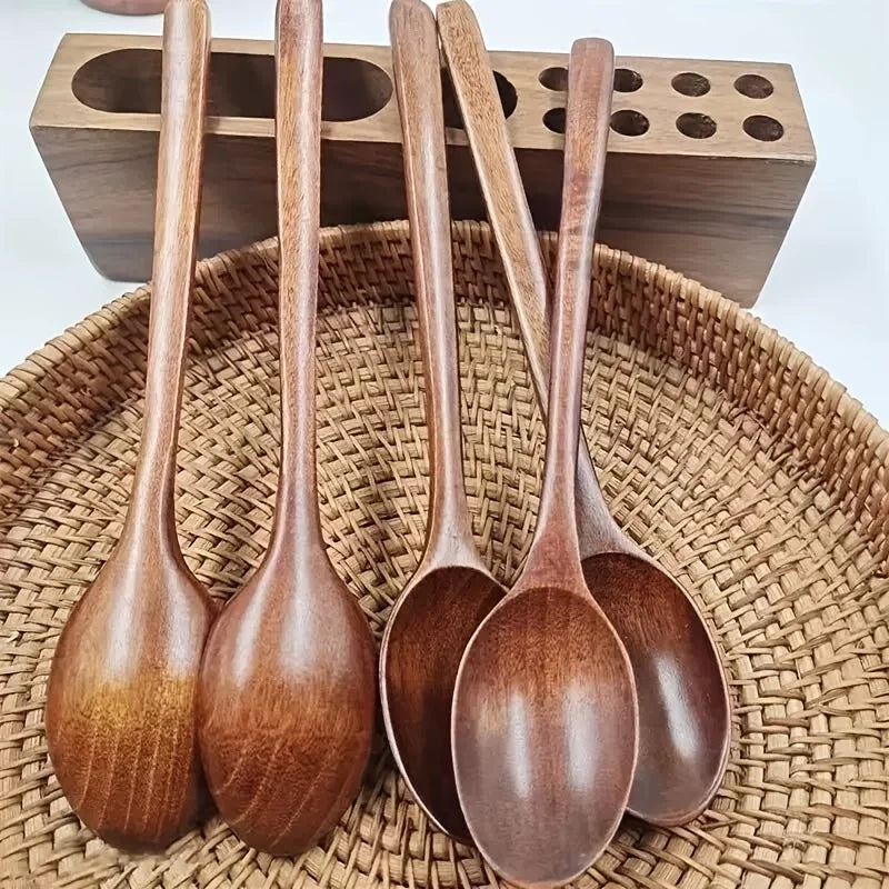 One multi-functional long handle wooden spoon, wooden spoon soup spoon Dim sum spoon coffee spoon mixing spoon, Japanese kitchen appliance, suitable for serving, cooking and baking in kitchens, restaurants, camping and picnic