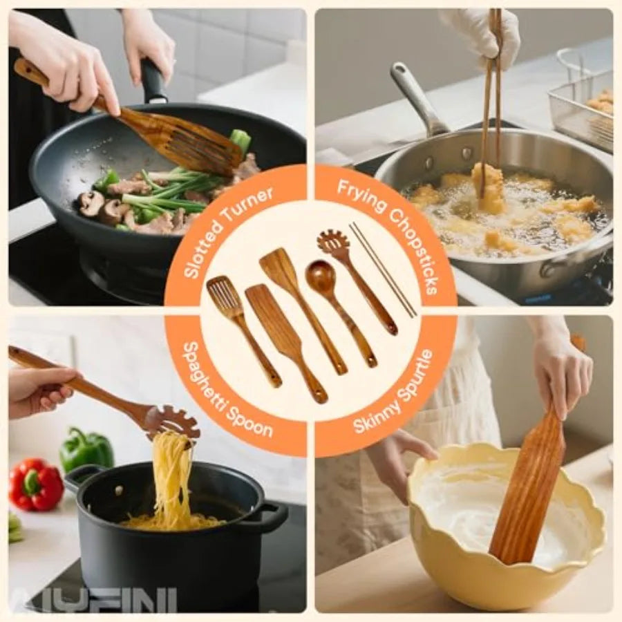 Non-Toxic Wooden Kitchen Utensils Set 15.4" Long Handle Wood Spatula for Cooking Egg Flipper Fish Turner Spatula for Non Stick