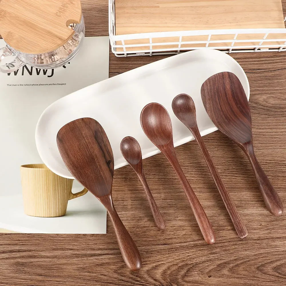 Japanese Style Black Walnut Wooden Dessert Spoon Tableware Coffee Honey Spoons Stir Long Scoop Soup Rice Spoon Kitchen Supplies