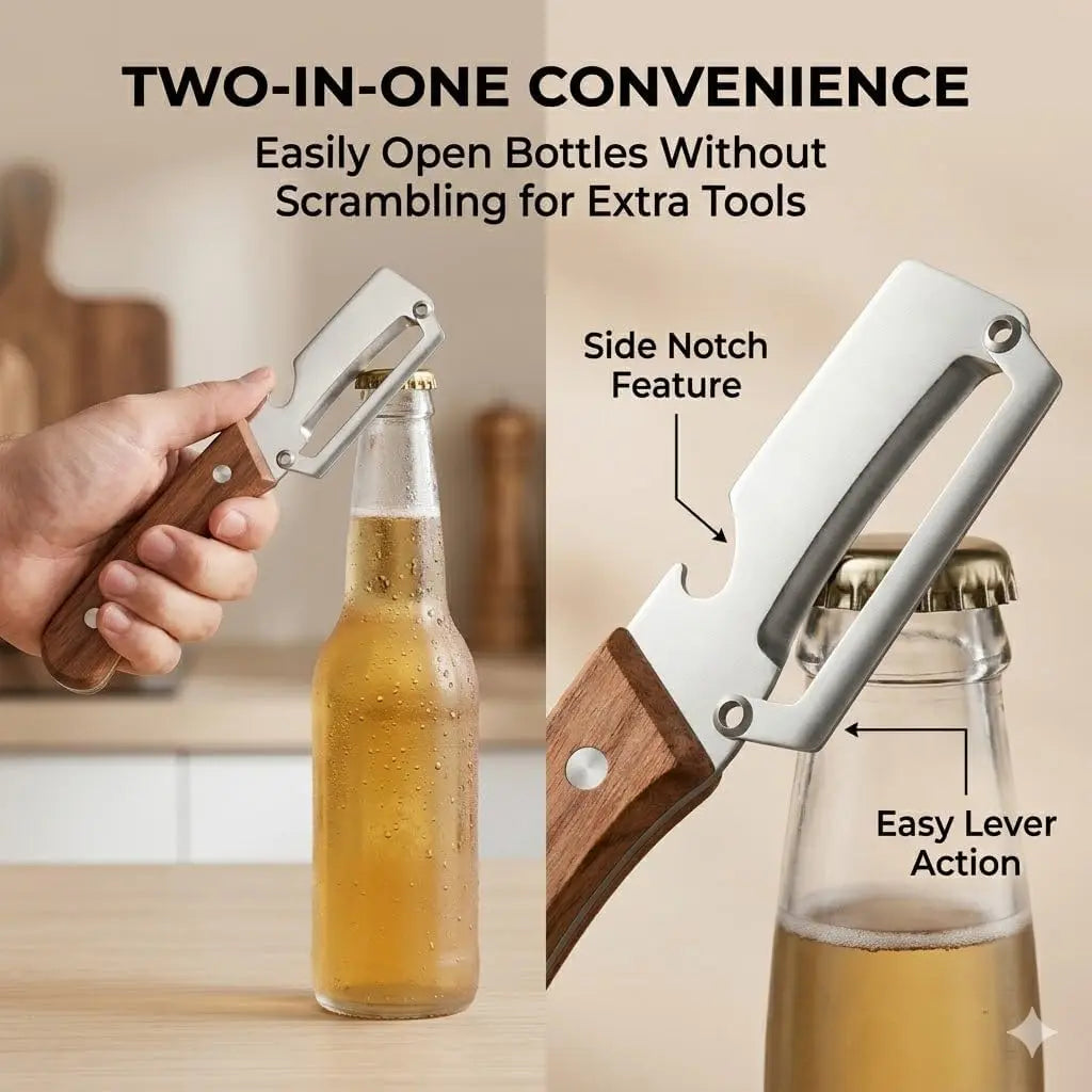 2 pcs Multifunctional Vegetable Peeler with Wooden Handle, 2-in-1 Stainless Steel Peeler with Built-in Bottle Opener, Ergonomic Peelers for Kitchen, Sharp Vegetable Peeler for Potato, Carrot & Fruit