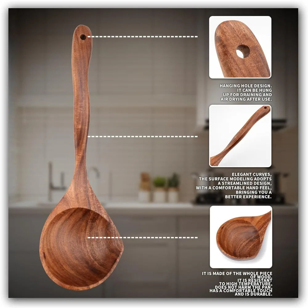 Wooden Ladle Spoon Set, 3 Size Teak Large Soup Ladel Wood Spoons for Cooking Serving Spoon Ladles Wooden Cooking Spoon Long Handle Mixing Spoon Ladle