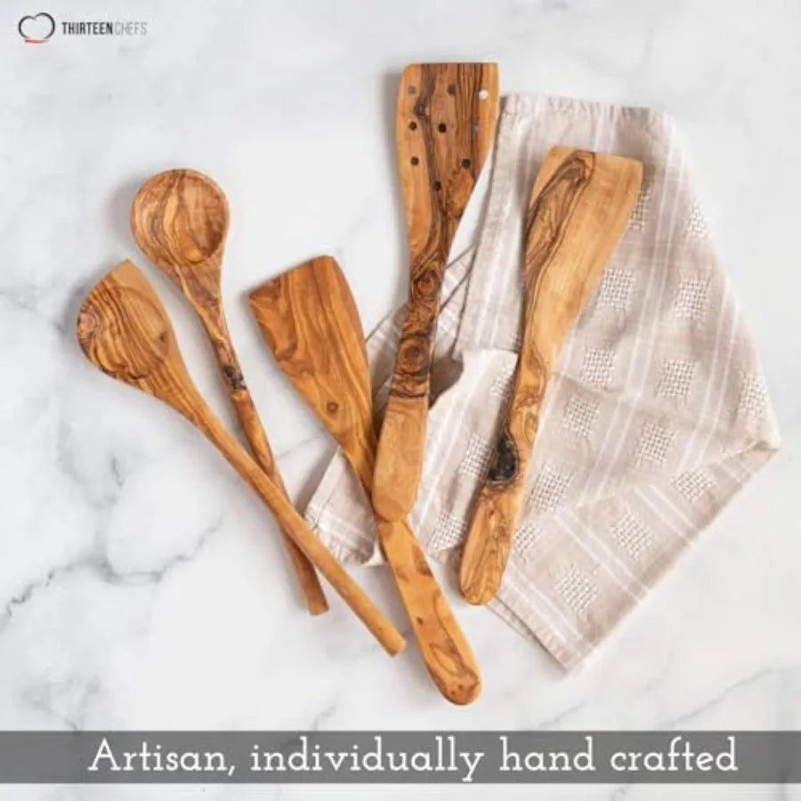Tramanto Olive Wood Utensil - Spatula and Spoon Wooden Cooking Tools 12 Inch Long Rustic Hand Made with Gift Box