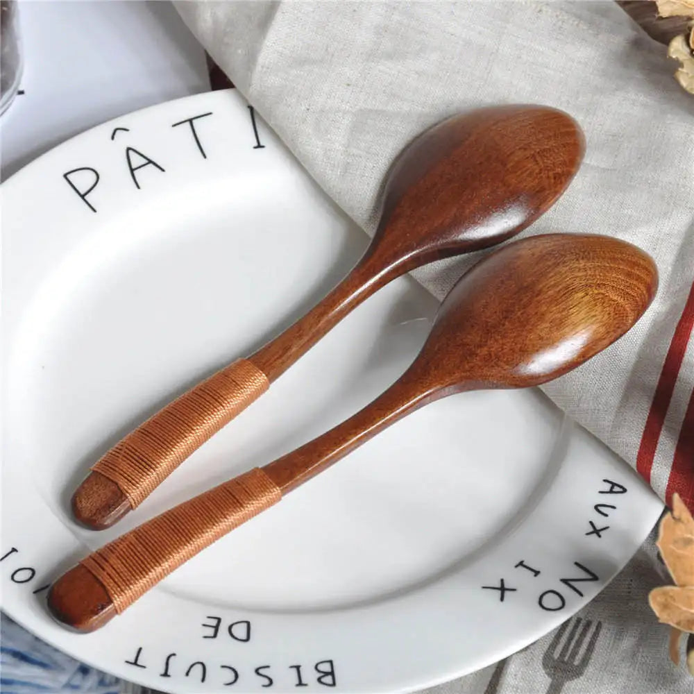 Wrapped Wire Wooden Spoon, Wide-mouth Cooking Spoons, Kitchen Utensil Tool, Soup Teaspoon, Catering ladle, Tableware, 18.5cm